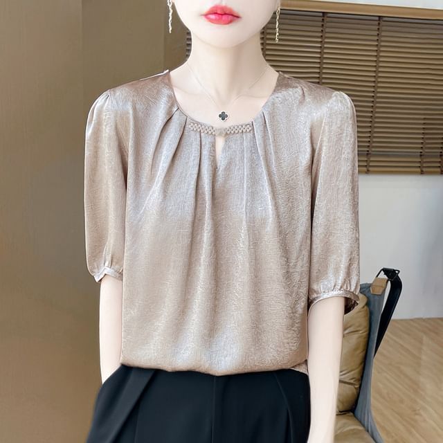 Weelop-Elbow-Sleeve Crew Neck Plain Frog Buttoned Satin Blouse