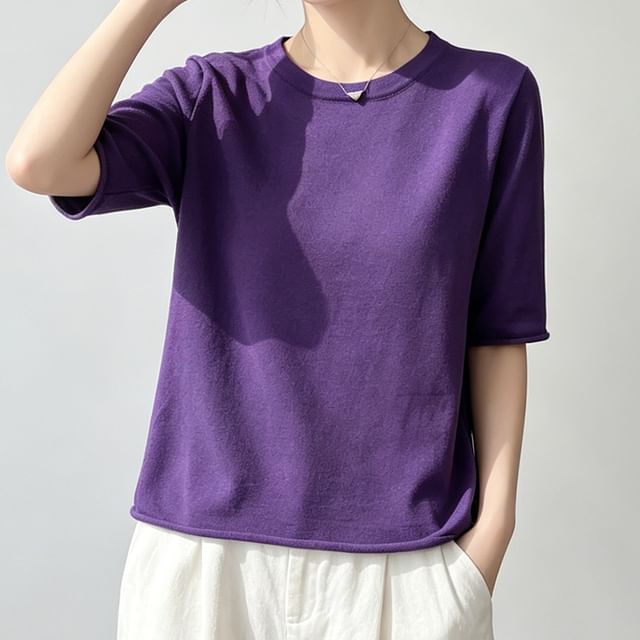 Weelop-Elbow-Sleeve Crew Neck Plain Knit Top