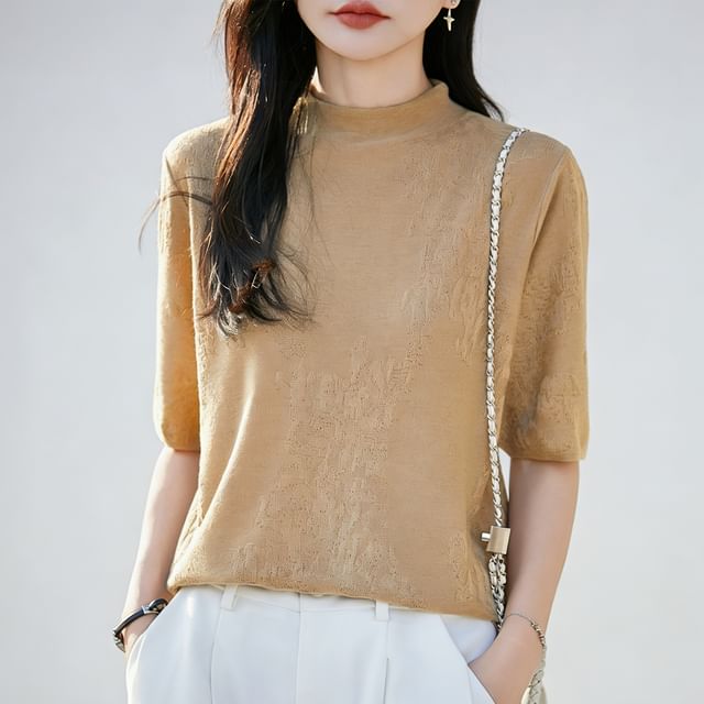 Weelop-Elbow-Sleeve Mock Neck Plain Knit Top
