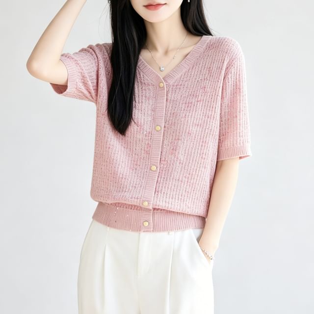 Weelop-Elbow-Sleeve V-Neck Melange Sequin Button-Up Cardigan