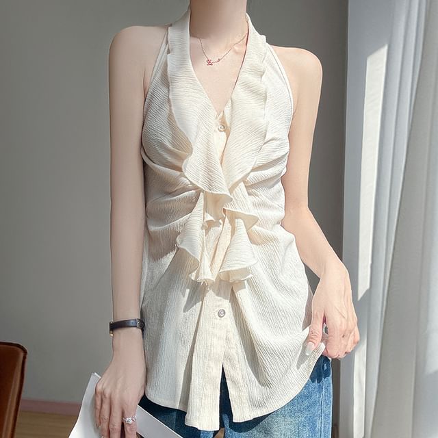 Weelop-Halter-Neck Plain Ruffled Button-Up Top
