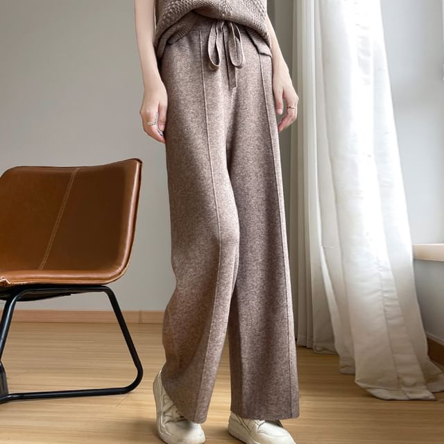 Weelop-High Rise Plain Knit Wide Leg Pants