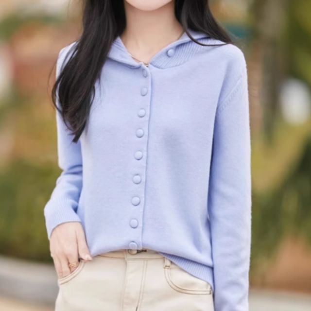 Weelop-Hooded Plain Button Up Cardigan