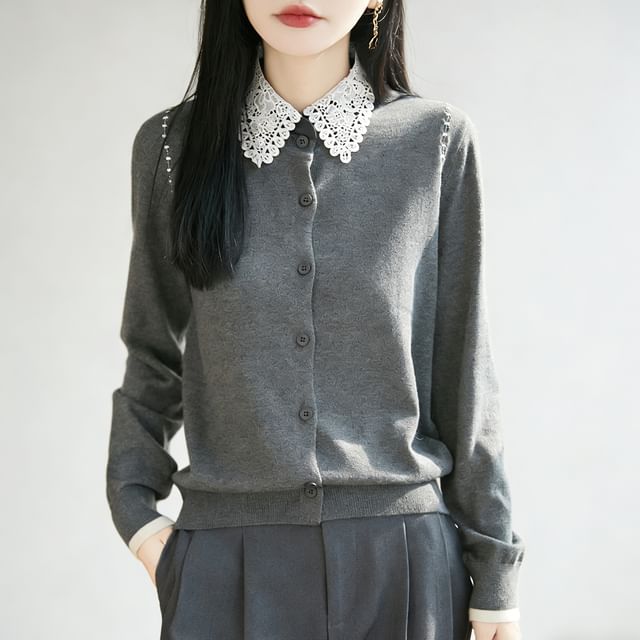 Weelop-Lace Collar Plain Cardigan