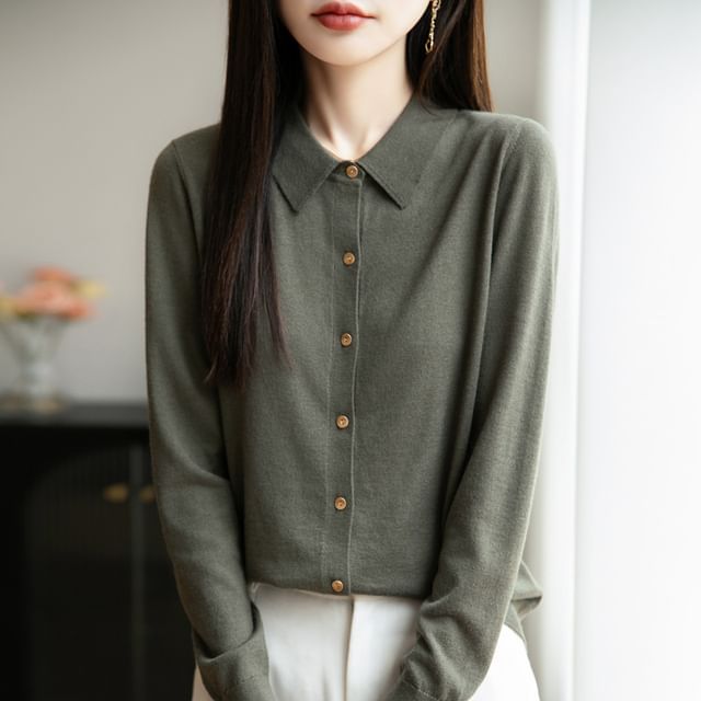 Weelop-Long-Sleeve Collar Plain Button Knit Top