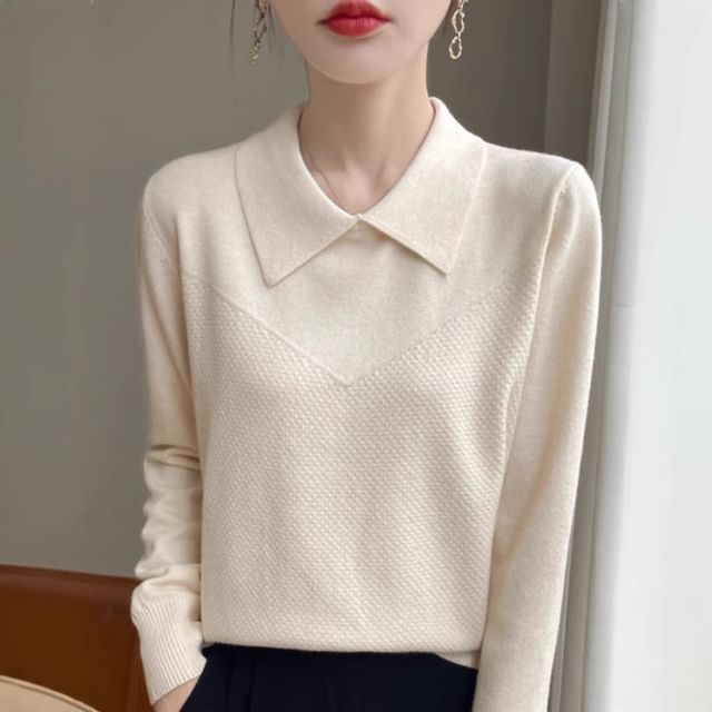 Weelop-Long-Sleeve Collared Plain Knit Top