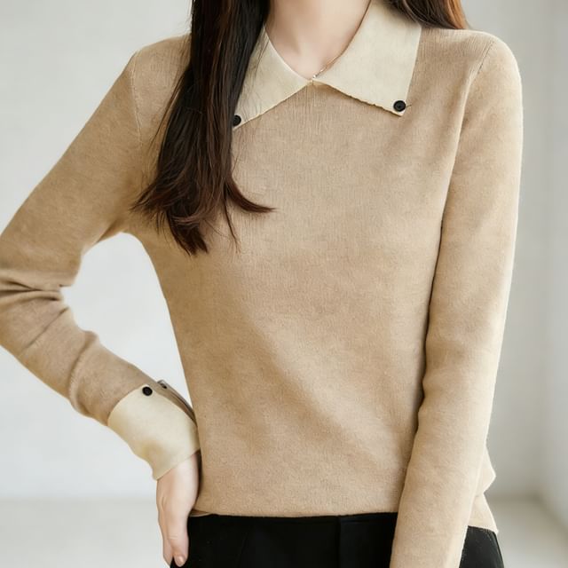 Weelop-Long-Sleeve Contrast Collar Sweater