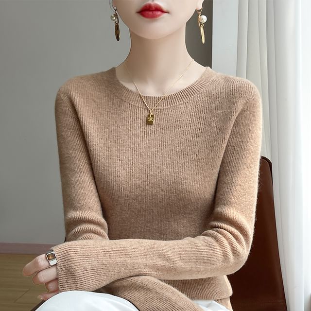 Weelop-Long-Sleeve Crew Neck Plain Ribbed Knit Top