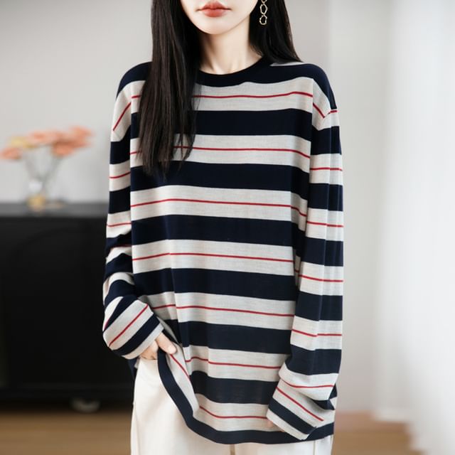 Weelop-Long-Sleeve Crew Neck Striped Knit Top