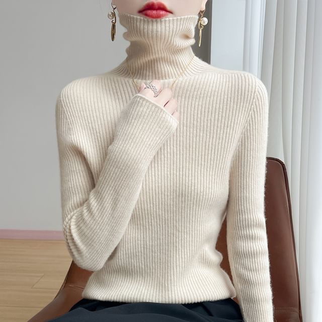 Weelop-Long-Sleeve High Neck Plain Ribbed Knit Top