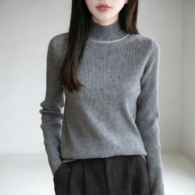 Weelop-Long-Sleeve High Neck Plain Ribbed Rhinestone Knit Top