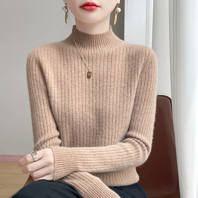 Weelop-Long-Sleeve High Neck Plain Ribbed Sweater
