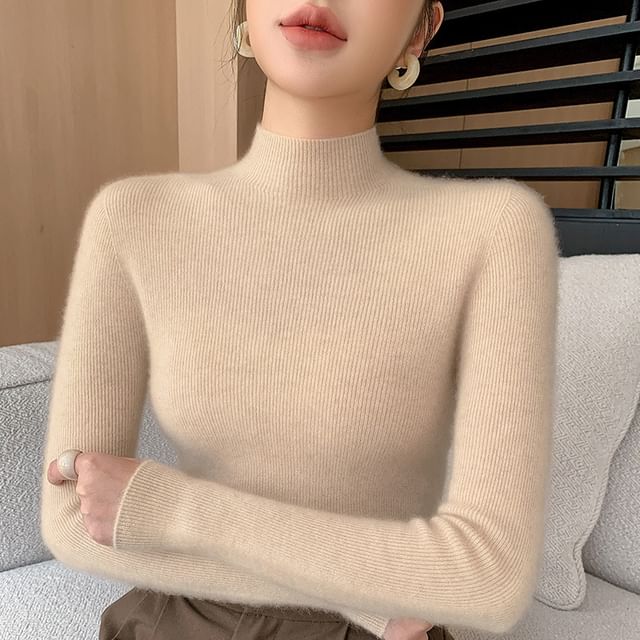Weelop-Long-Sleeve High Neck Plain Ribbed Sweater