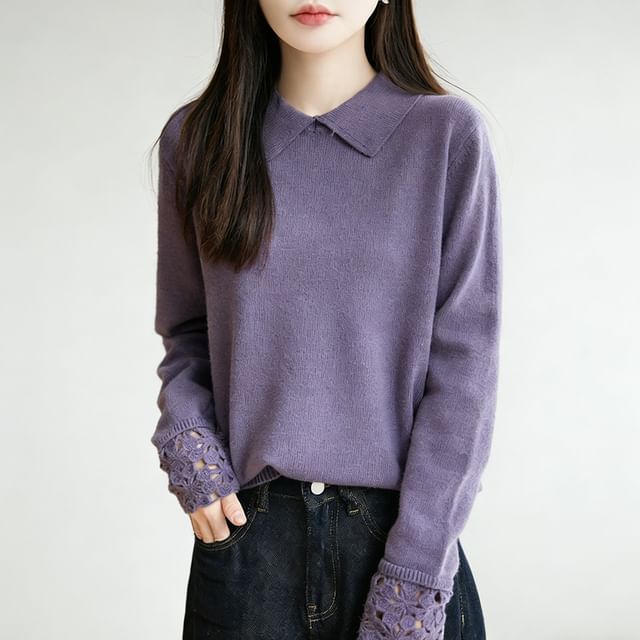 Weelop-Long-Sleeve Lace Cuff Knit Polo Top