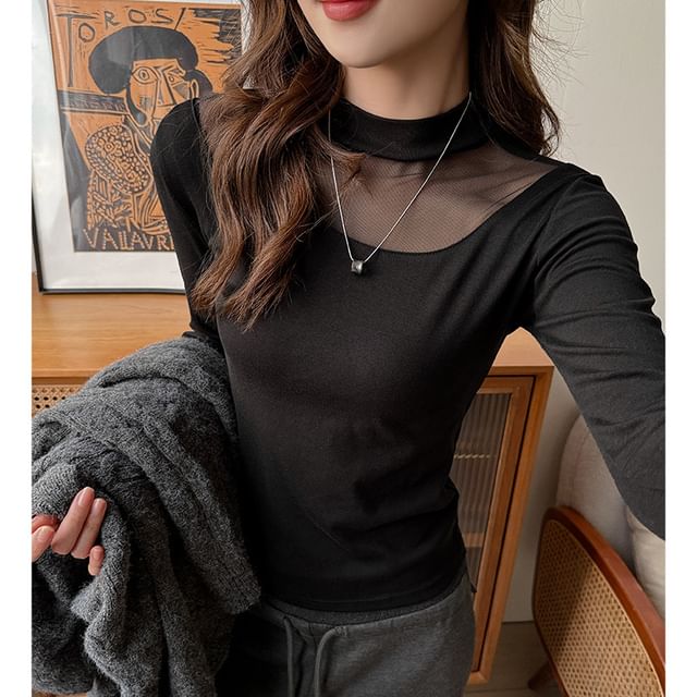 Weelop-Long-Sleeve Mock Neck Mesh Panel Top