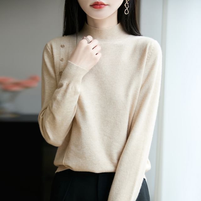 Weelop-Long-Sleeve Mock Neck Plain Button Knit Top