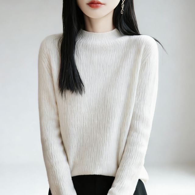 Weelop-Long-Sleeve Mock Neck Plain Knit Top