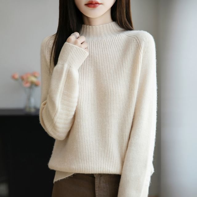 Weelop-Long-Sleeve Mock Neck Plain Ribbed Knit Top