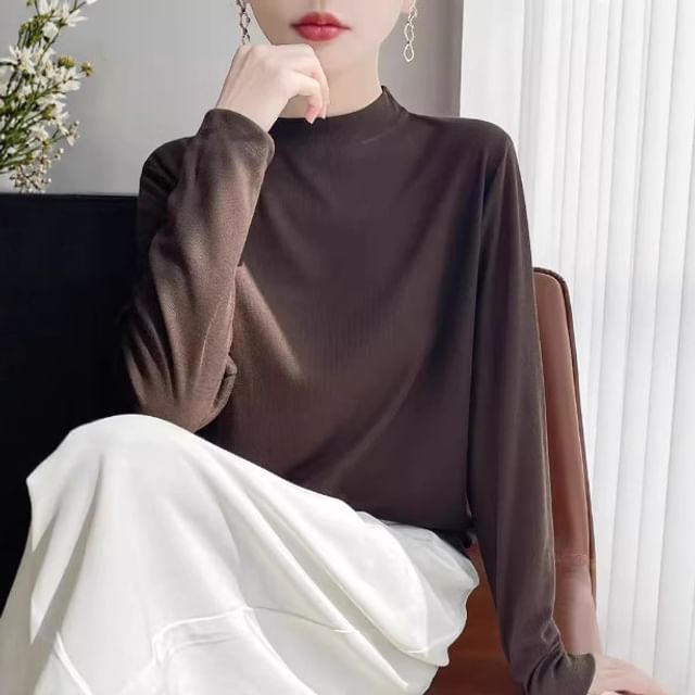 Weelop-Long-Sleeve Mock Neck Plain T-Shirt