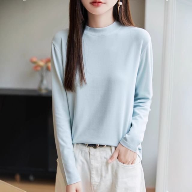 Weelop-Long-Sleeve Mock Neck Plain T-Shirt