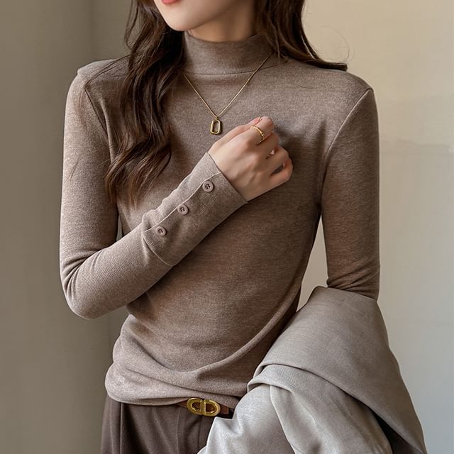 Weelop-Long-Sleeve Mock Neck Plain Tee