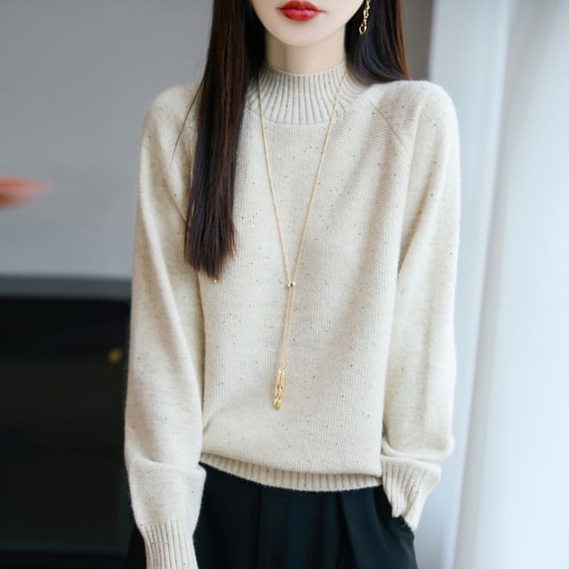 Weelop-Long-Sleeve Mock Neck Sequin Raglan Knit Top