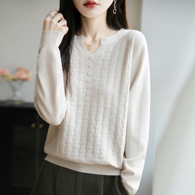 Weelop-Long-Sleeve Notch Neck Plain Knit Top