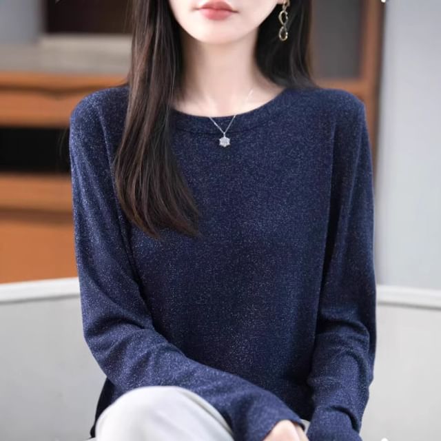 Weelop-Long-Sleeve Round Neck Glitter Knit Top
