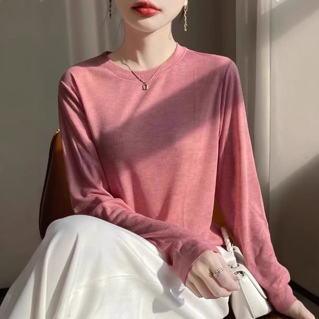 Weelop-Long-Sleeve Round Neck Plain Knit Top
