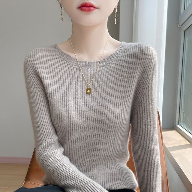 Weelop-Long-Sleeve Round Neck Plain Ribbed Knit Top