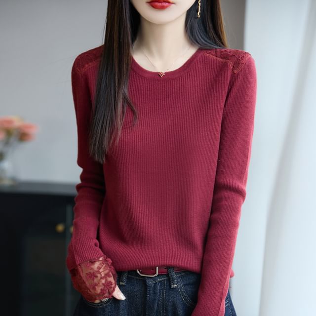 Weelop-Long-Sleeve Round Neck Plain Ribbed Lace Panel Knit Top