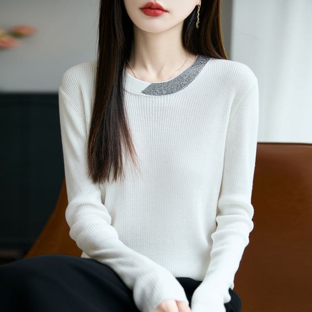 Weelop-Long-Sleeve Round Neck Rhinestone Ribbed Knit Top