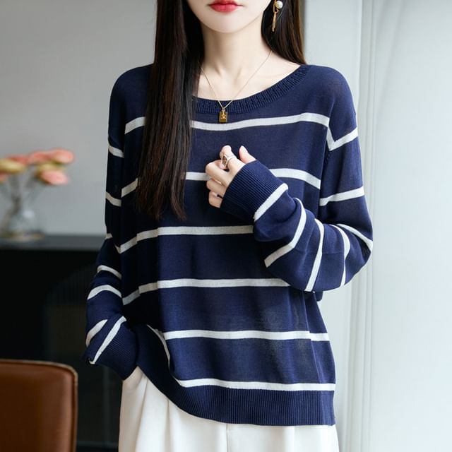 Weelop-Long-Sleeve Round Neck Striped Sweater