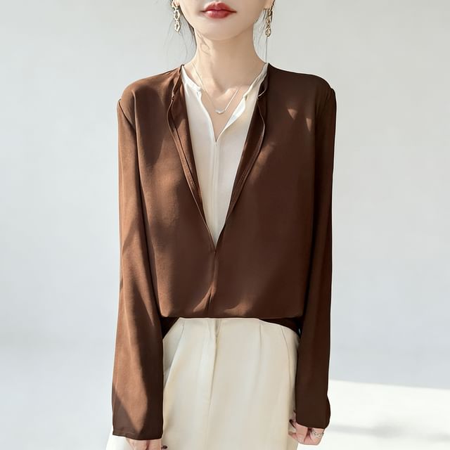 Weelop-Long-Sleeve Satin Keyhole Blouse