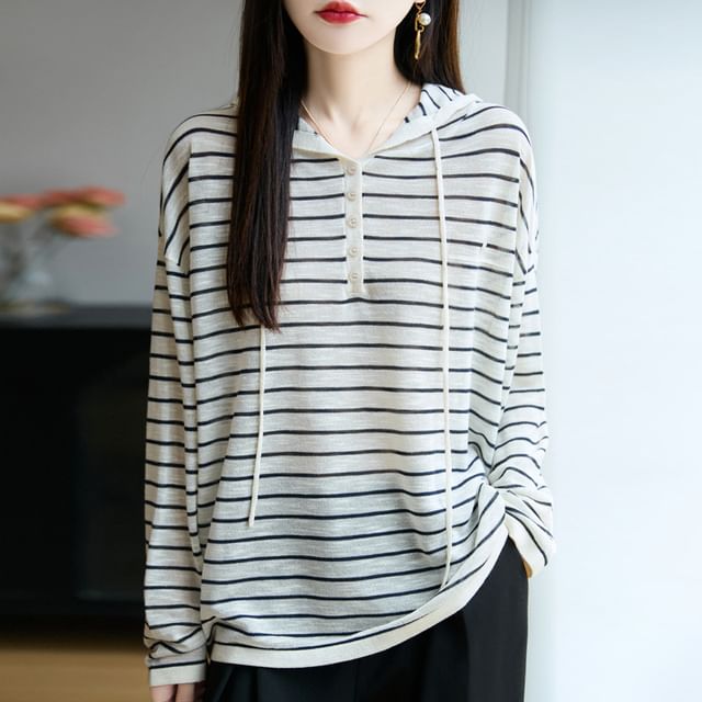 Weelop-Long-Sleeve Striped Hooded Henley Tee