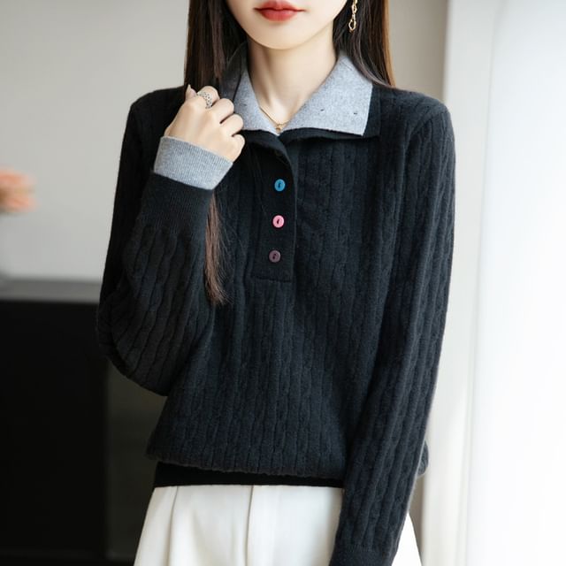 Weelop-Long-Sleeve Turtleneck Henley Cable Knit Top