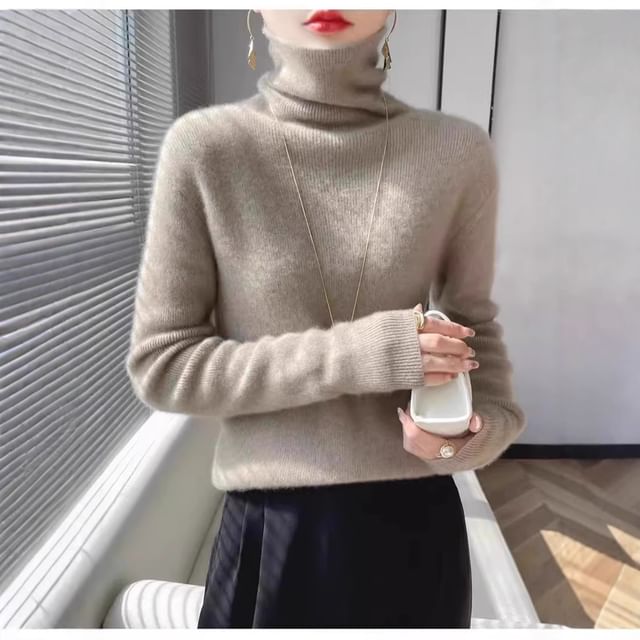 Weelop-Long-Sleeve Turtleneck Plain Knit Top