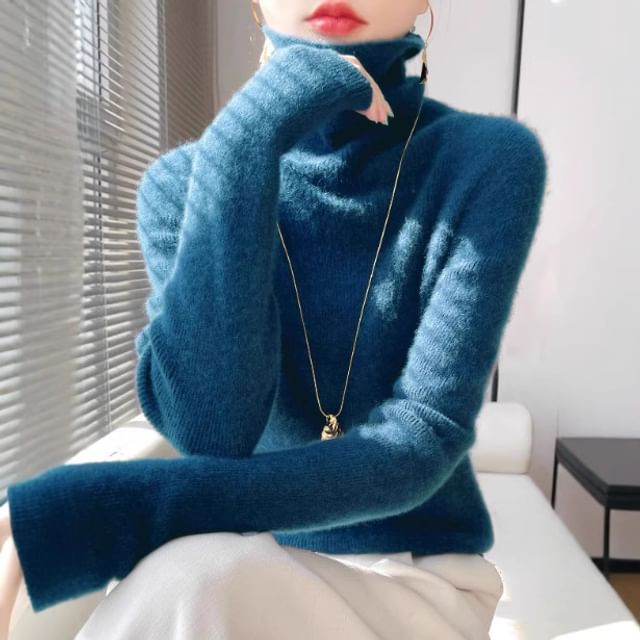 Weelop-Long-Sleeve Turtleneck Plain Knit Top
