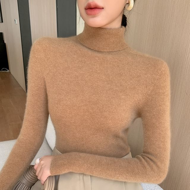 Weelop-Long-Sleeve Turtleneck Plain Ribbed Knit Top