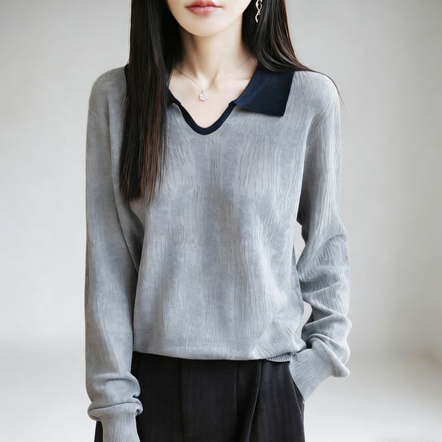 Weelop-Long-Sleeve Two Tone Knit Polo Top