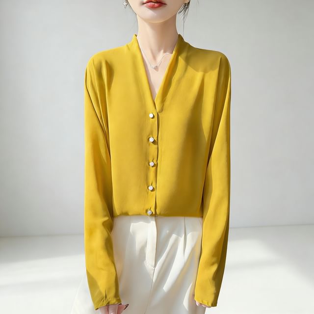 Weelop-Long-Sleeve V-Neck Plain Button-Up Blouse