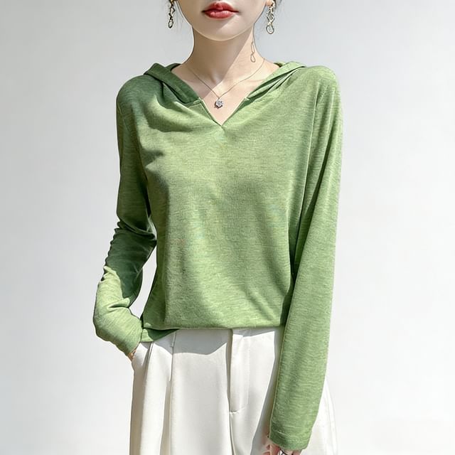 Weelop-Long-Sleeve V-Neck Plain Hooded Knit Top