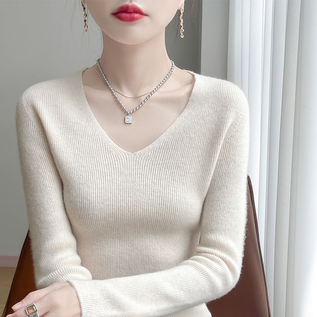 Weelop-Long-Sleeve V-Neck Plain Ribbed Sweater