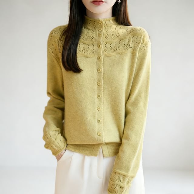 Weelop-Mock Neck Lace Panel Plain Cardigan