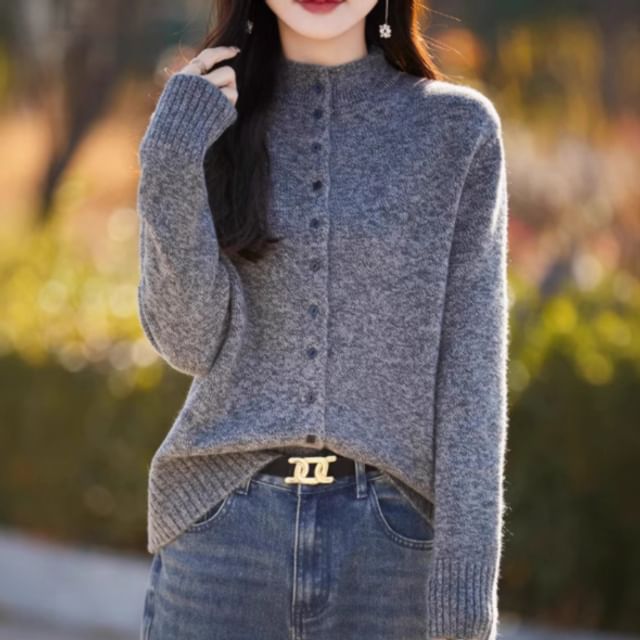 Weelop-Mock Neck Plain Button Up Cardigan