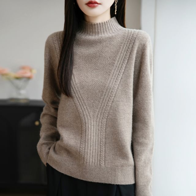 Weelop-Mock Neck Plain Cable Knit Sweater