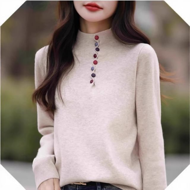 Weelop-Mock Neck Plain Henley Sweater