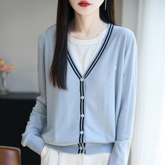 Weelop-Mock Two-Piece Contrast Trim Button-Up Cardigan