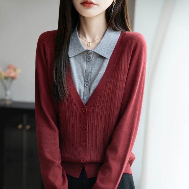 Weelop-Mock Two-Piece Long-Sleeve Collar Two Tone Ribbed Button Knit Top