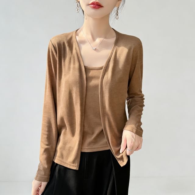 Weelop-Mock Two-Piece Long-Sleeve Plain Knit Top